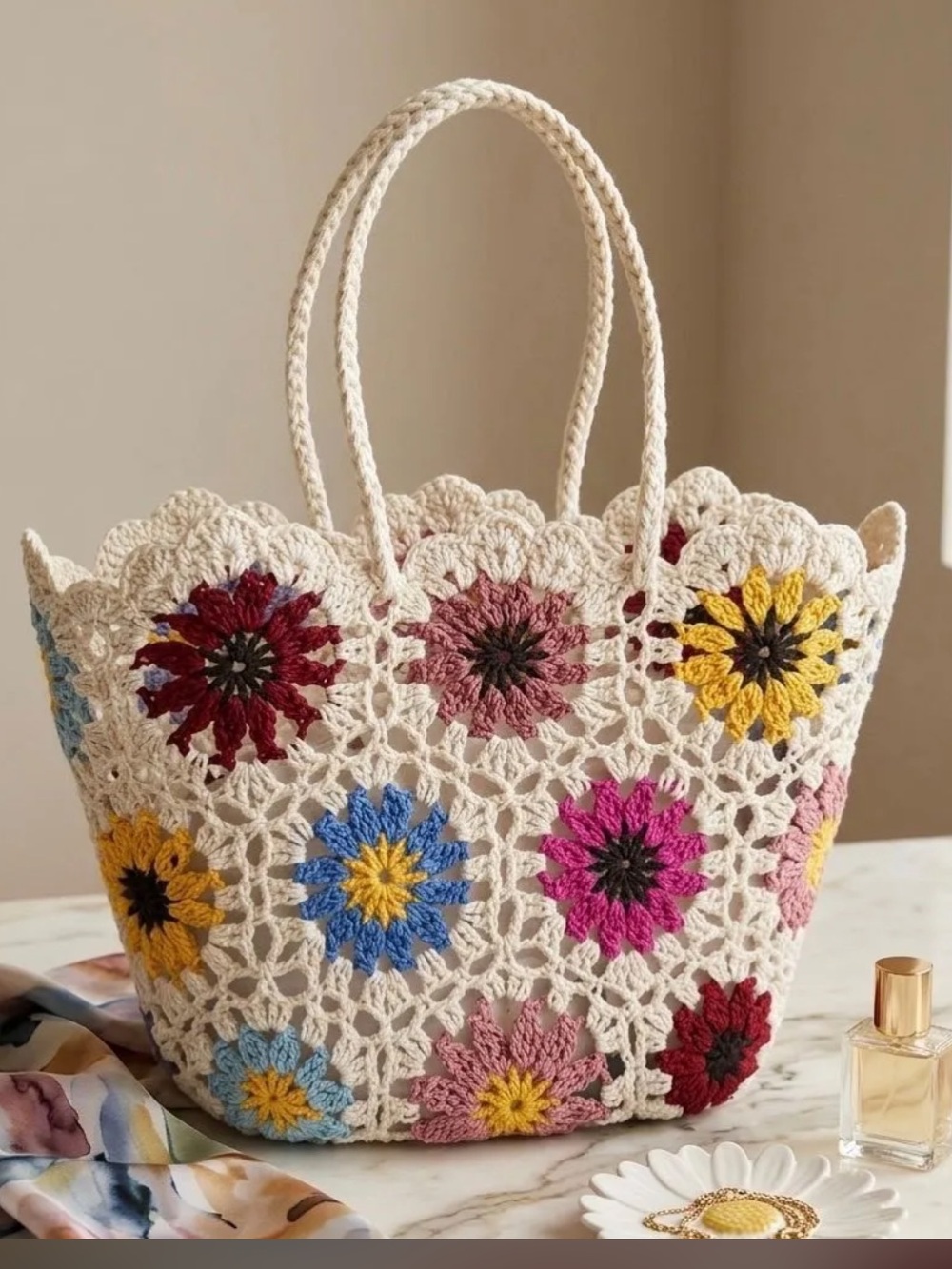 Flower Crochet Boho Tote Bag